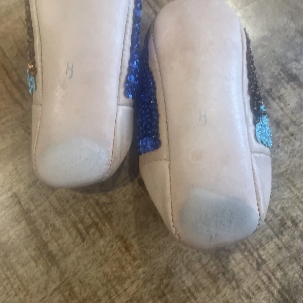 Le Toit de La Lune Handmade Leather Slippers Girls Size 8 Sequins Blue